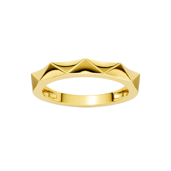 A high-polish 14k yellow gold geometric stackable ring by Amorati, featuring a unique multi-angled design. Amorati’s signature F O U R T E E N T H Collection