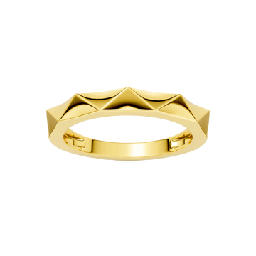 A high-polish 14k yellow gold geometric stackable ring by Amorati, featuring a unique multi-angled design. Amorati’s signature F O U R T E E N T H Collection