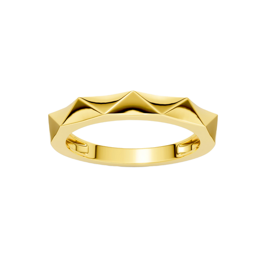 A high-polish 14k yellow gold geometric stackable ring by Amorati, featuring a unique multi-angled design. Amorati’s signature F O U R T E E N T H Collection