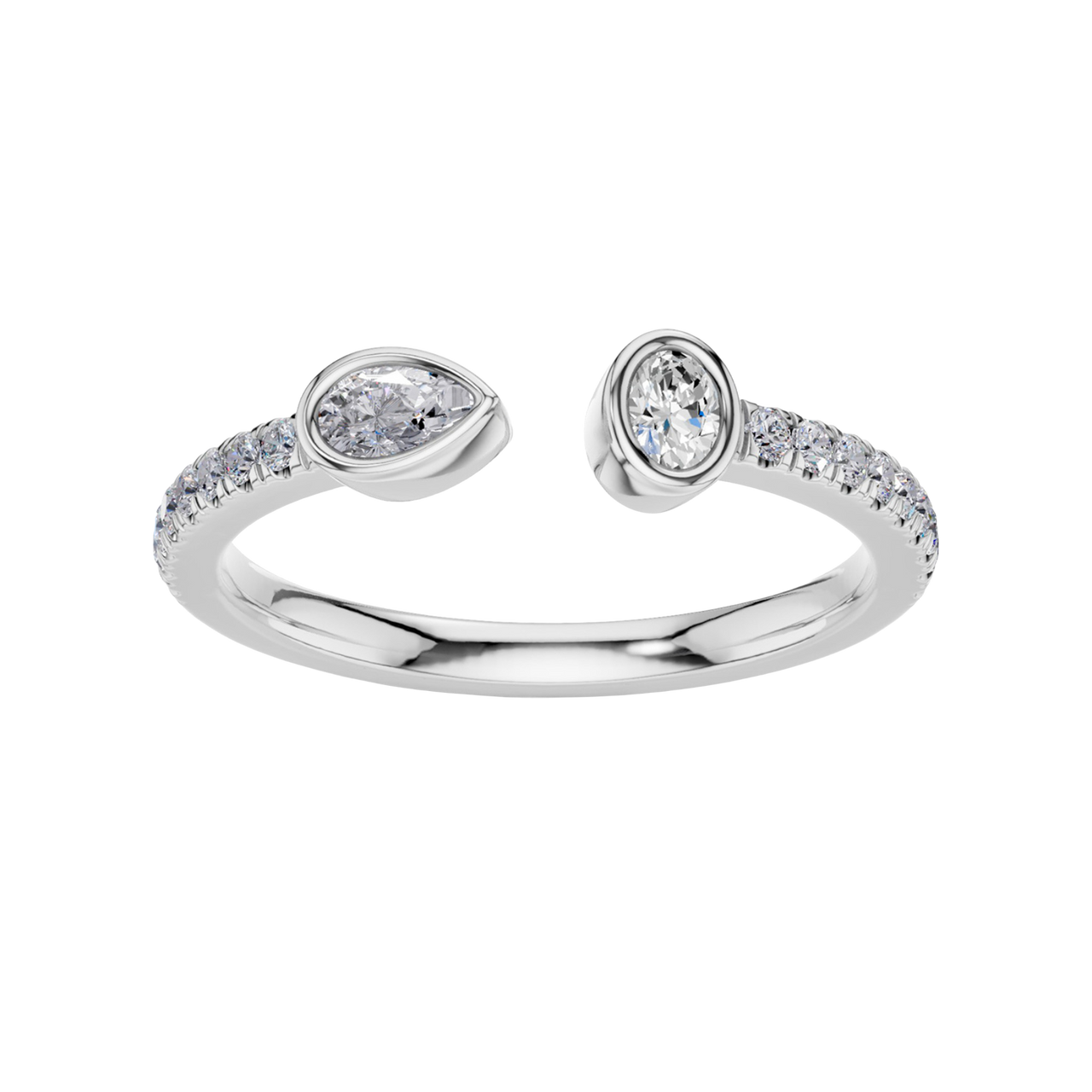 A top-down view of a 14K white gold bypass ring with a pear-shaped diamond on one side and a pavé diamond band on the other