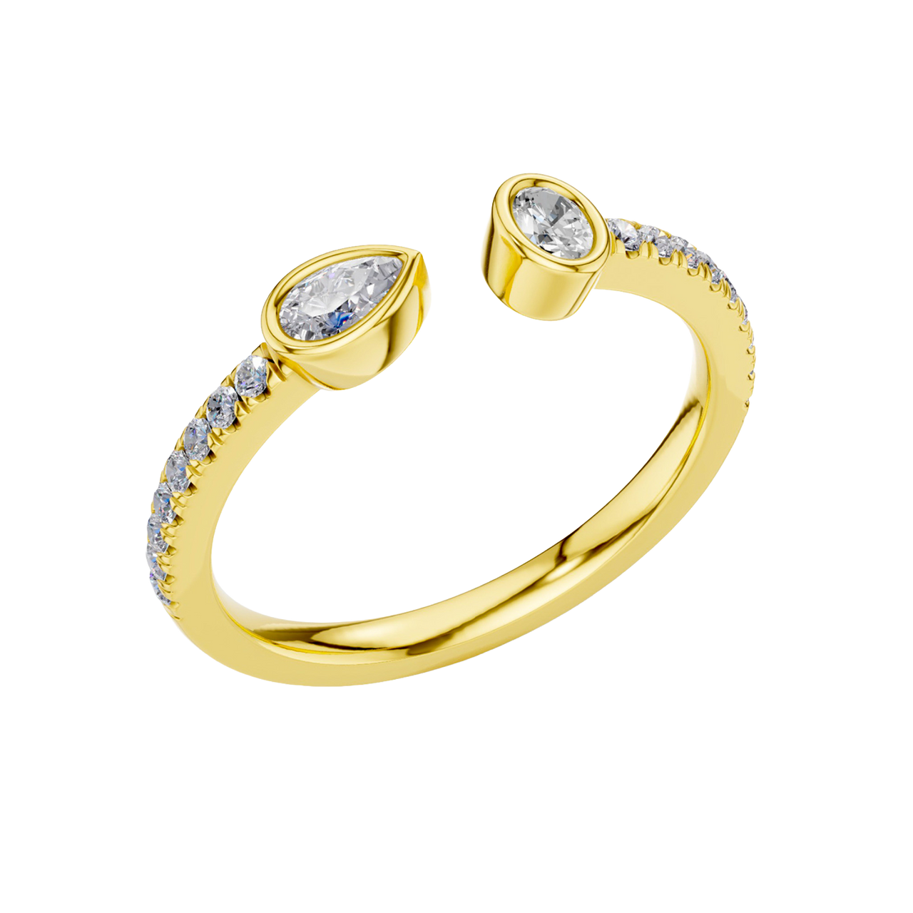 An angled view of a 14K yellow gold bypass ring, showcasing the pear-shaped diamond and the pavé band.