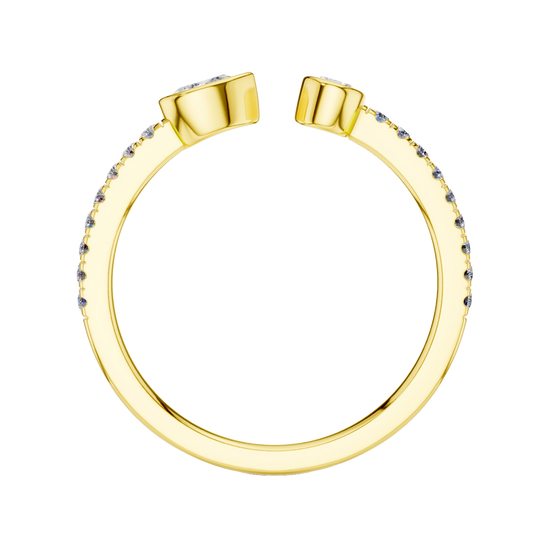 A side-profile view of a 14K yellow gold bypass ring, showing the fluid, entwined design.