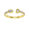 A top-down view of a 14K yellow gold bypass ring with a pear-shaped diamond on one side and a pavé diamond band on the other.