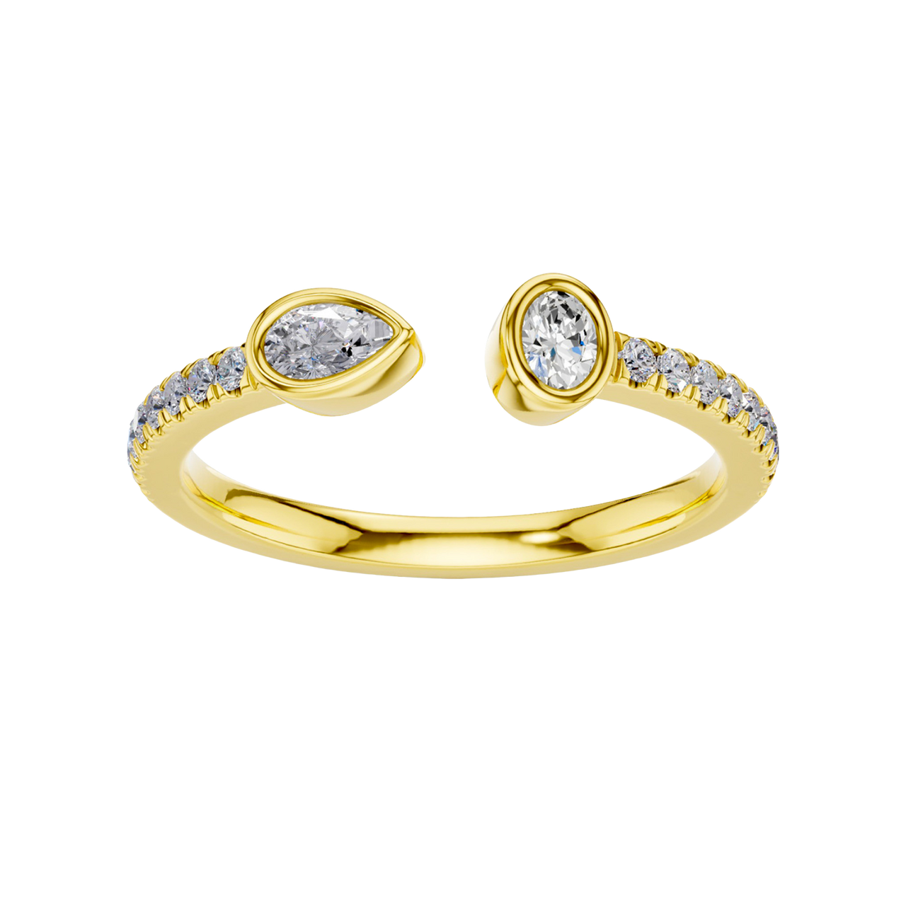A top-down view of a 14K yellow gold bypass ring with a pear-shaped diamond on one side and a pavé diamond band on the other.