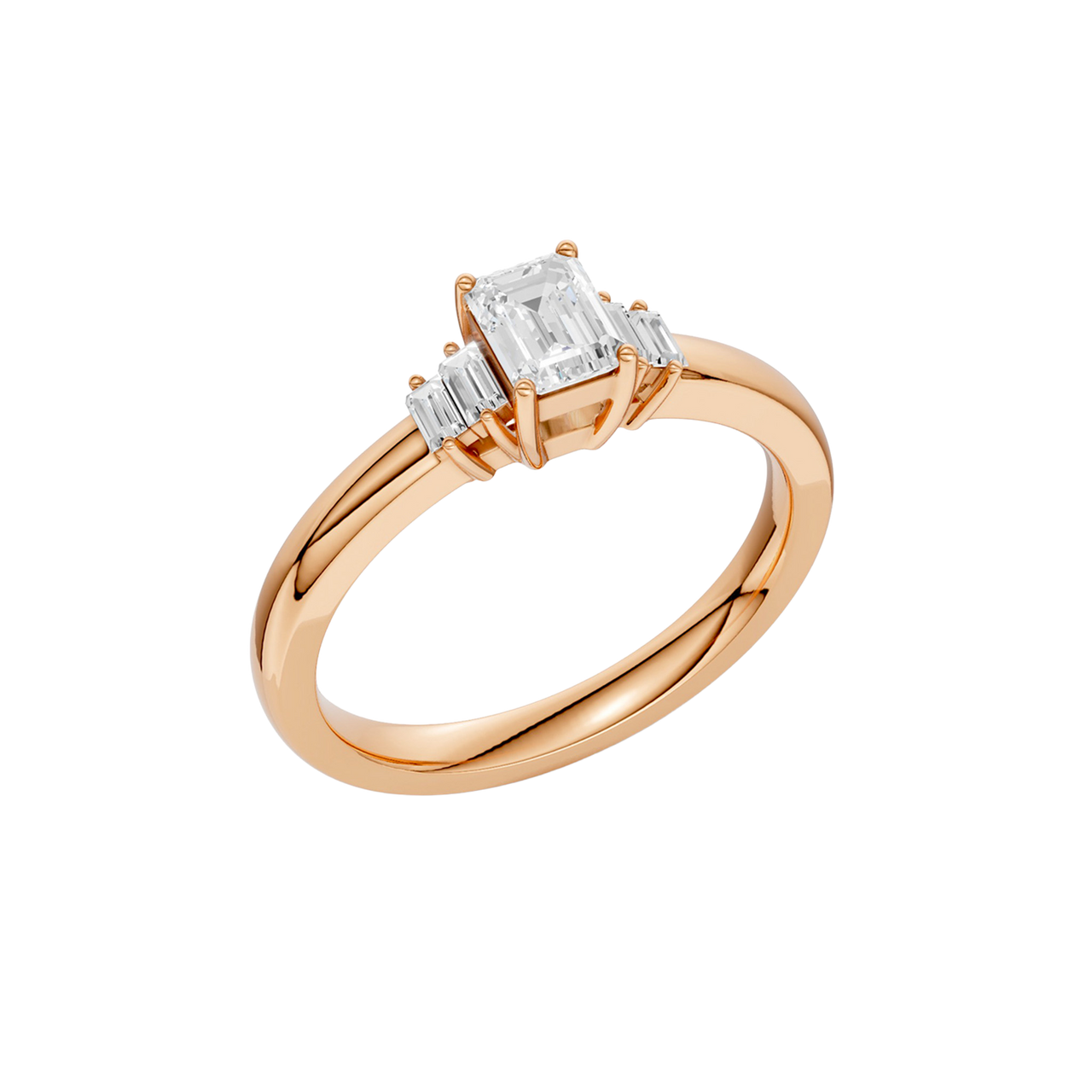 An angled view of a 14K rose gold ring, showcasing the brilliant arrangement of the jewels.