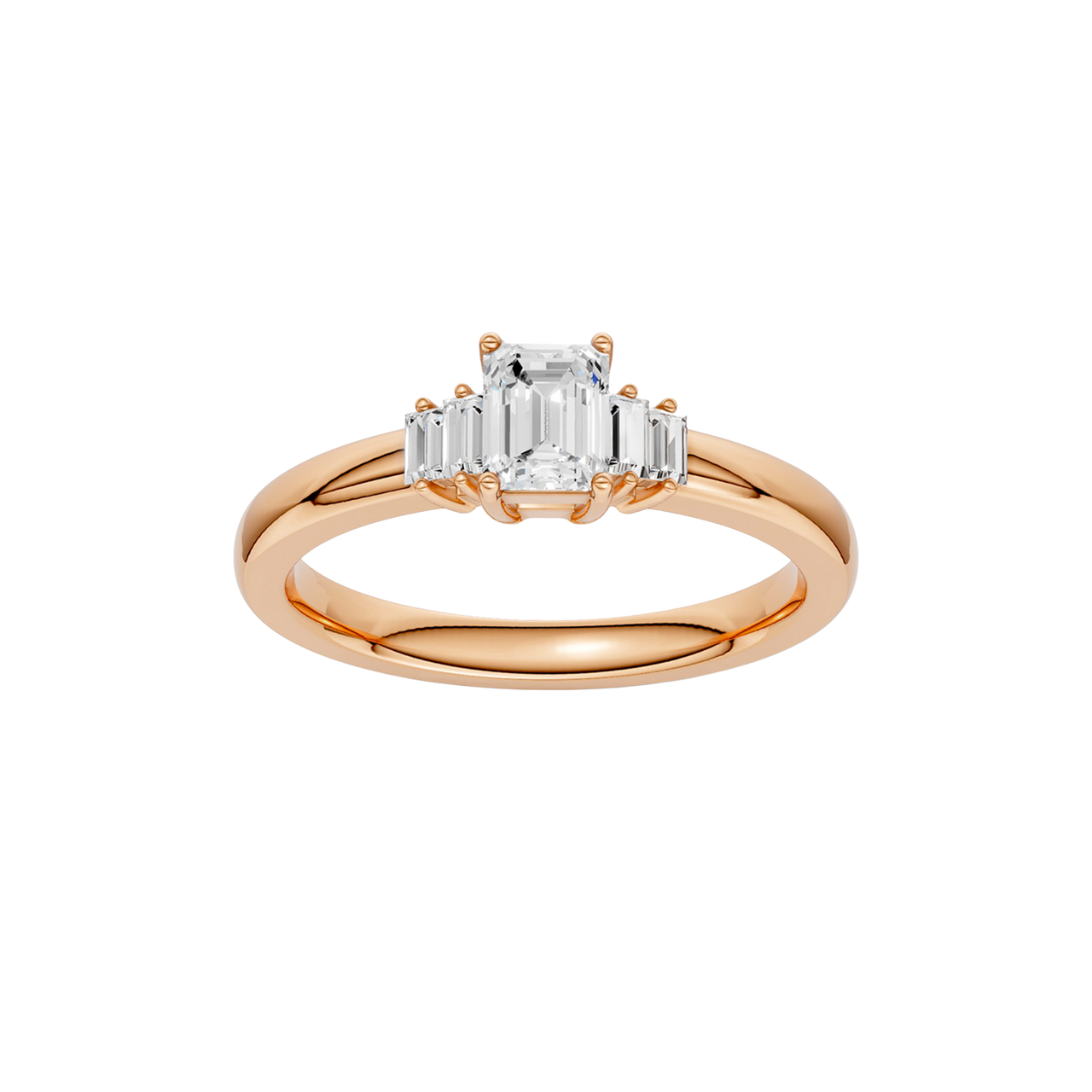 A top-down view of a 14K rose gold ring with a central rectangular jewel and two smaller round gems on the sides.
