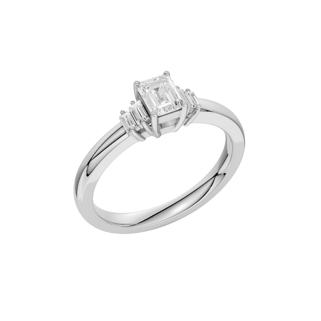 An angled view of a 14K white gold ring, showcasing the brilliant arrangement of the jewels.