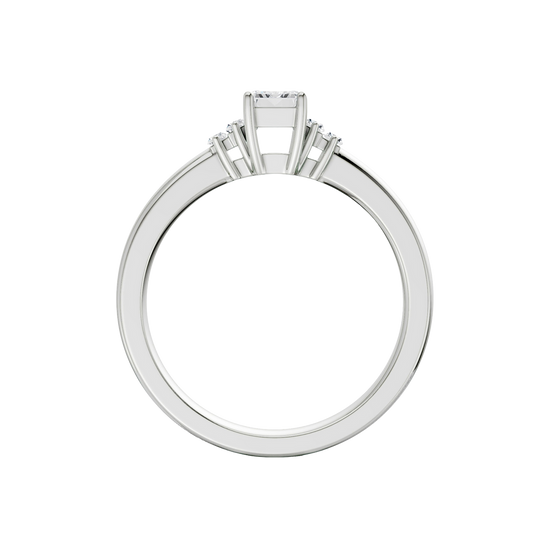 A front view of a 14K white gold ring, featuring a central rectangular jewel flanked by two smaller round gems.