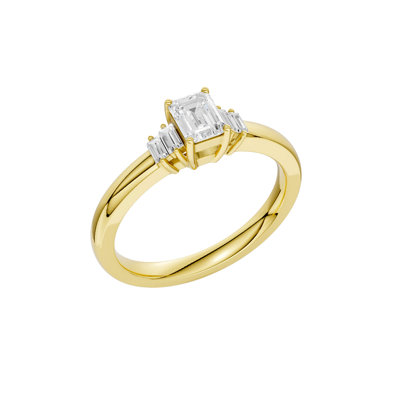 An angled view of a 14K yellow gold ring, showcasing the brilliant arrangement of the jewels.