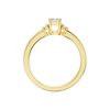 A front view of a 14K yellow gold ring, featuring a central rectangular jewel flanked by two smaller round gems.