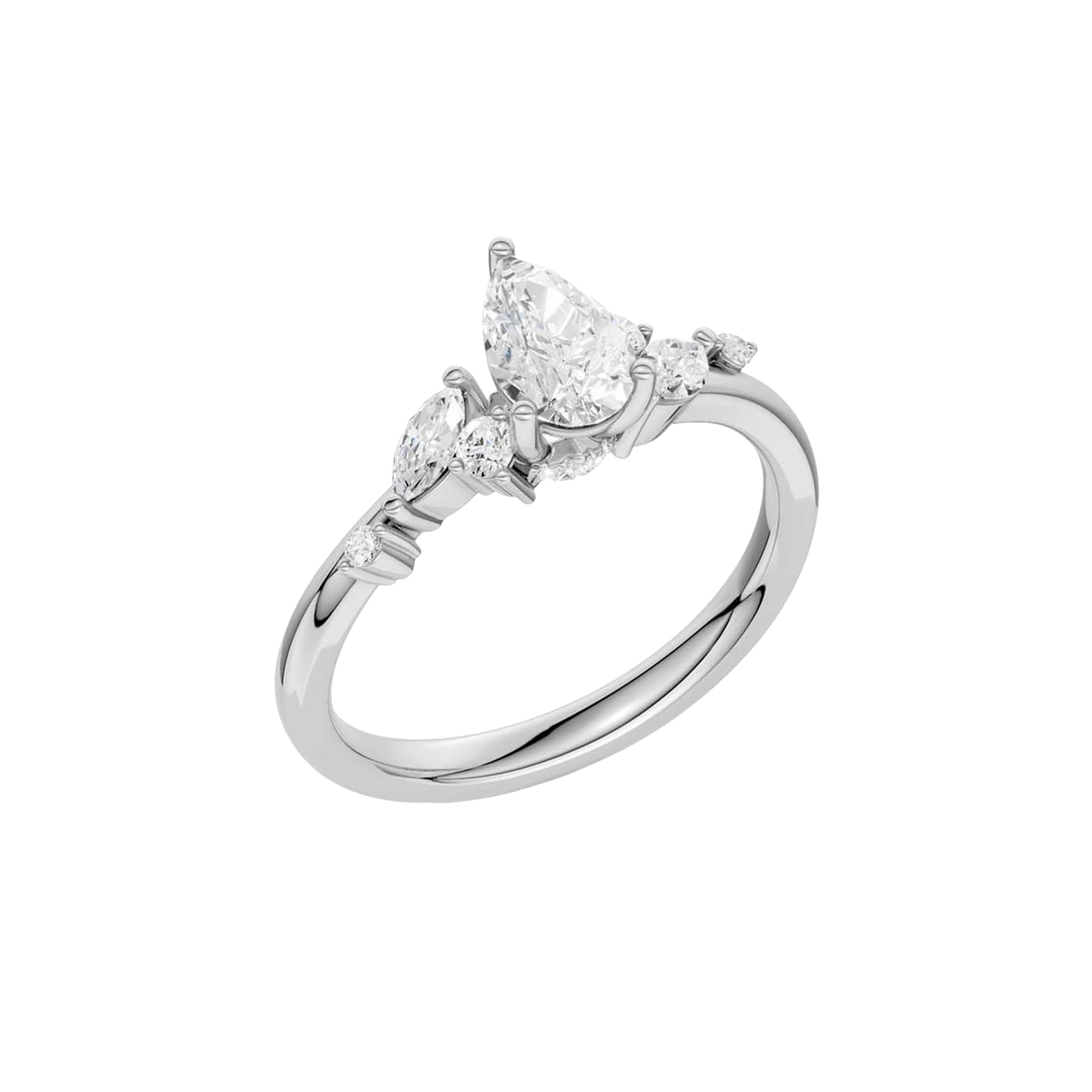 An angled view of a 14K white gold ring, showcasing the brilliant arrangement of the jewels.