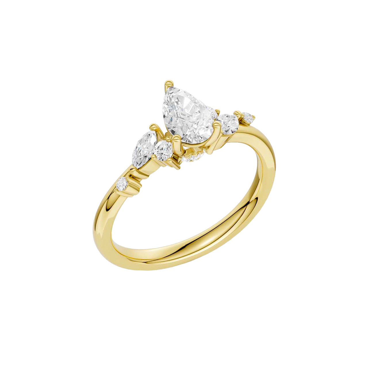 An angled view of a 14K yellow gold ring, showcasing the brilliant arrangement of the jewels.