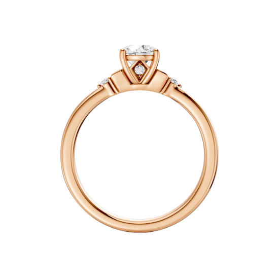 Front view of a 14K rose gold ring featuring a round center gemstone with two smaller round stones on each side.