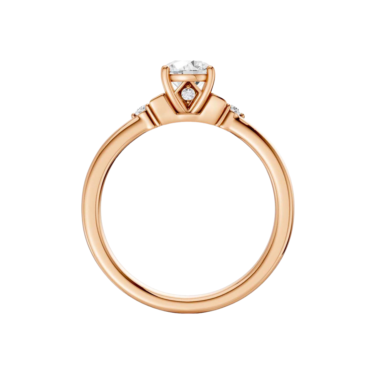 Front view of a 14K rose gold ring featuring a round center gemstone with two smaller round stones on each side.