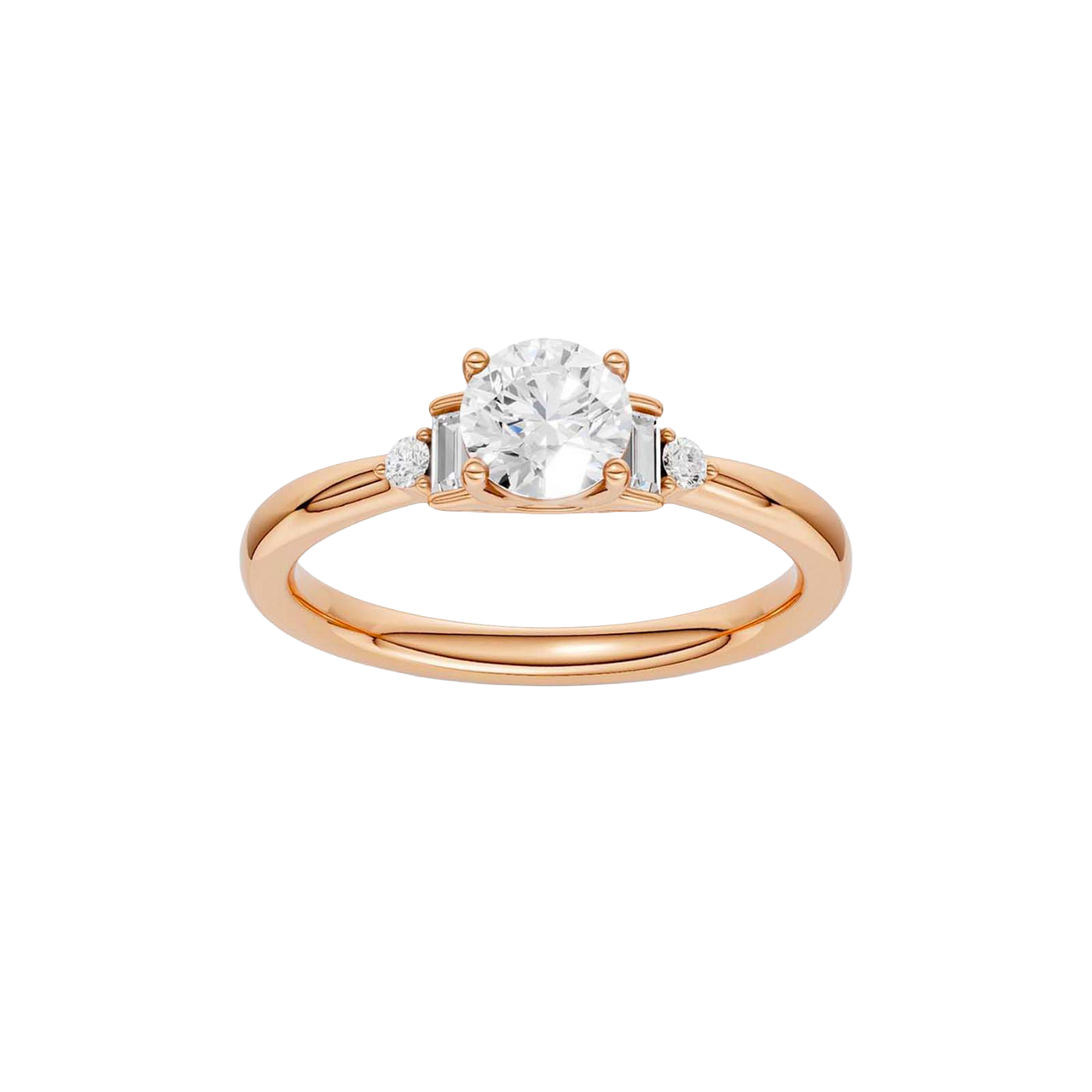 A top-down view of a 14K rose gold ring with a central round jewel and two smaller round gems on the sides.
