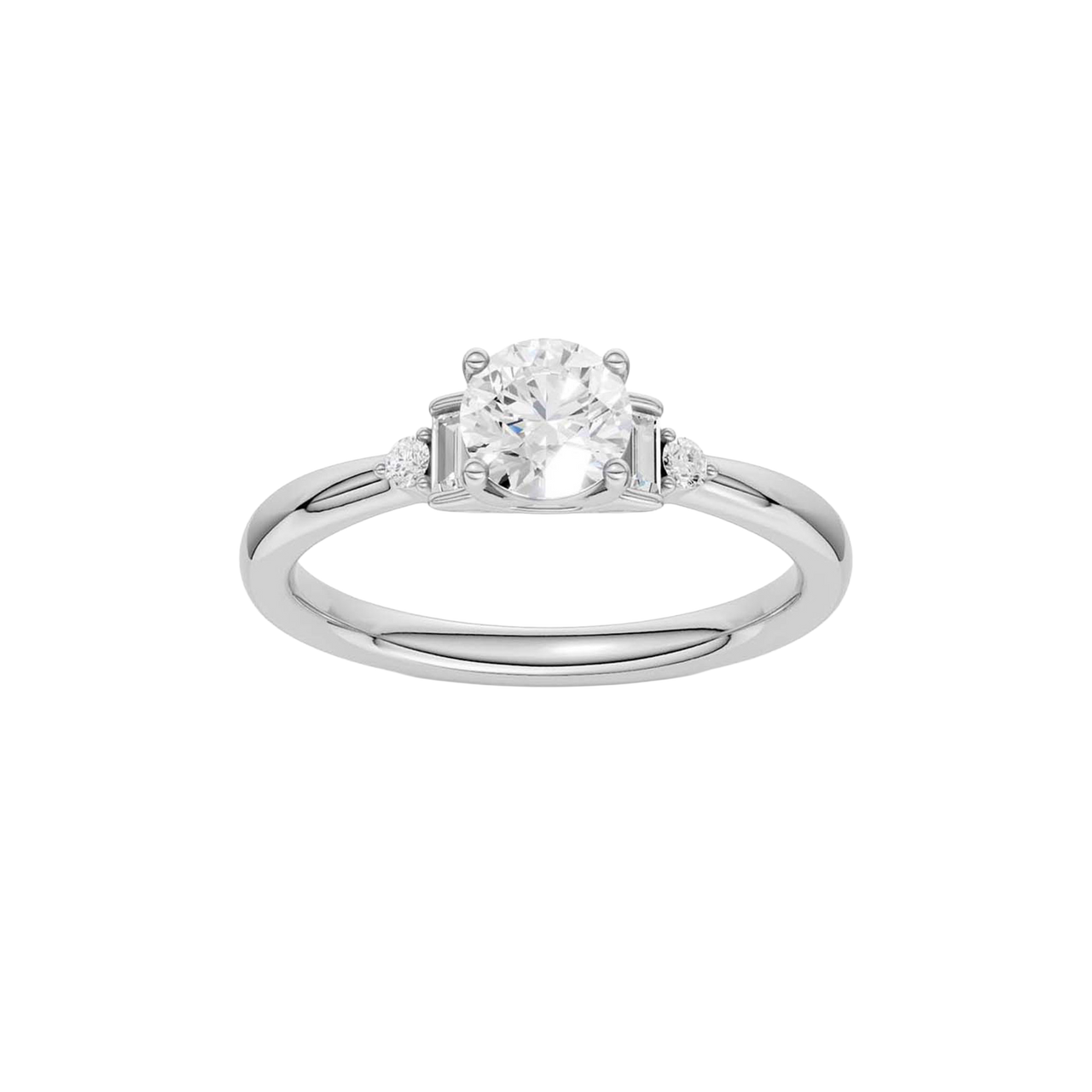 A top-down view of a 14K white gold ring with a central round jewel and two smaller round gems on the sides.