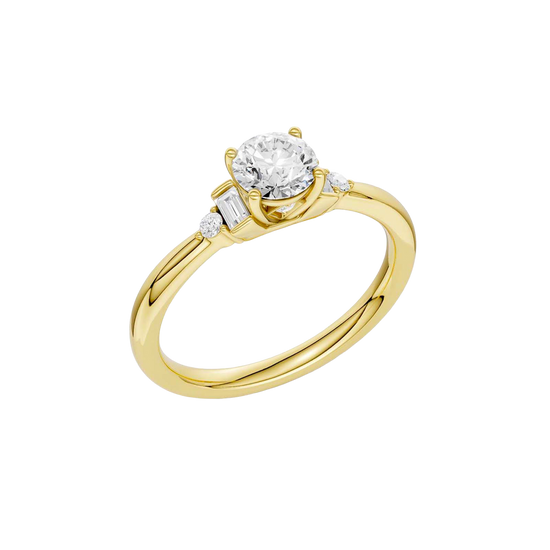 An angled view of a 14K yellow gold ring, showcasing the brilliant arrangement of the jewels.