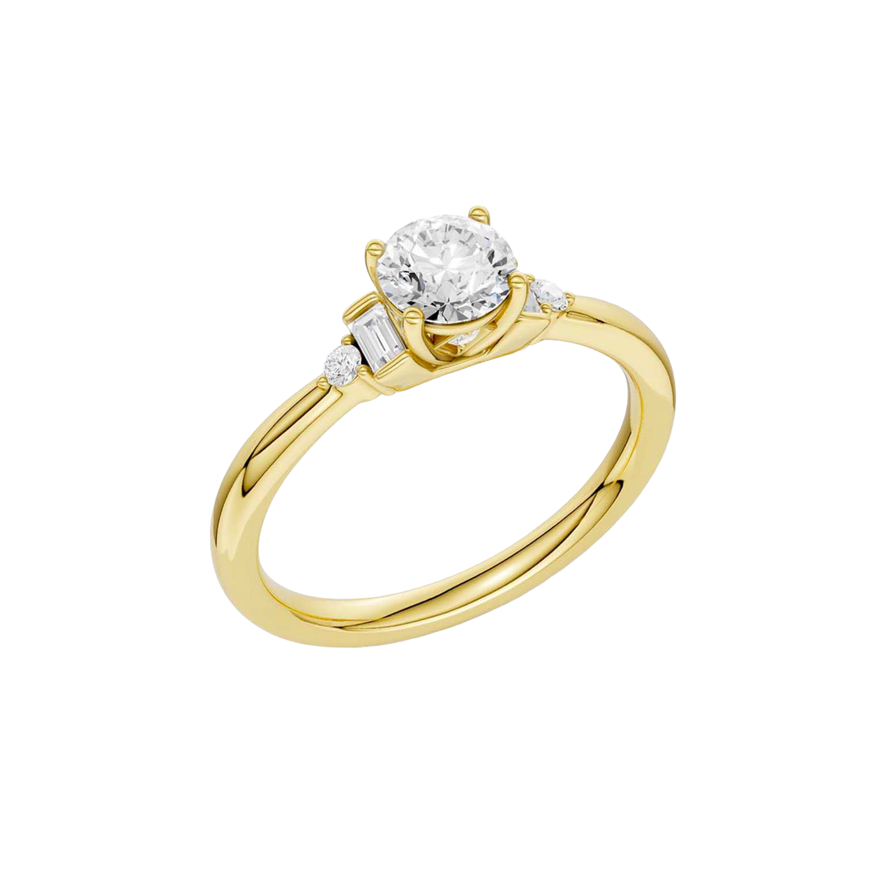 An angled view of a 14K yellow gold ring, showcasing the brilliant arrangement of the jewels.