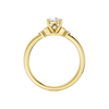 Front view of a 14K yellow gold ring featuring a round center gemstone with two smaller round stones on each side.