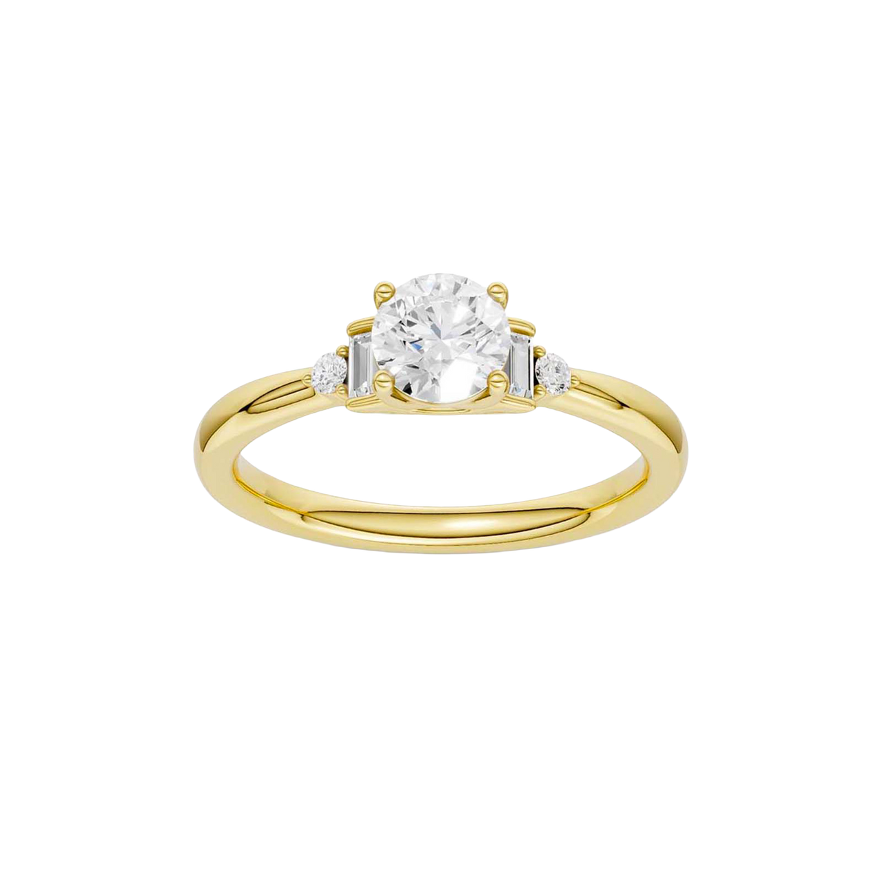 A top-down view of a 14K yellow gold ring with a central round jewel and two smaller round gems on the sides.