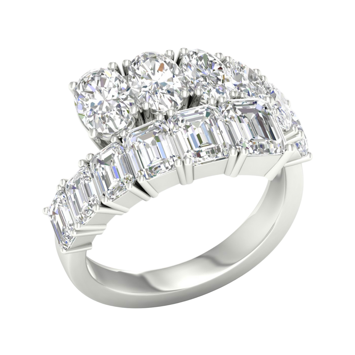 An angled view of a 14K white gold ring, showcasing the brilliant, mixed-shape diamond cluster.