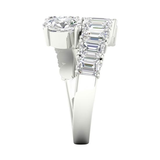 A side-profile view of a 14K white gold ring, showing the flowing pavé band and the elevated diamond cluster.