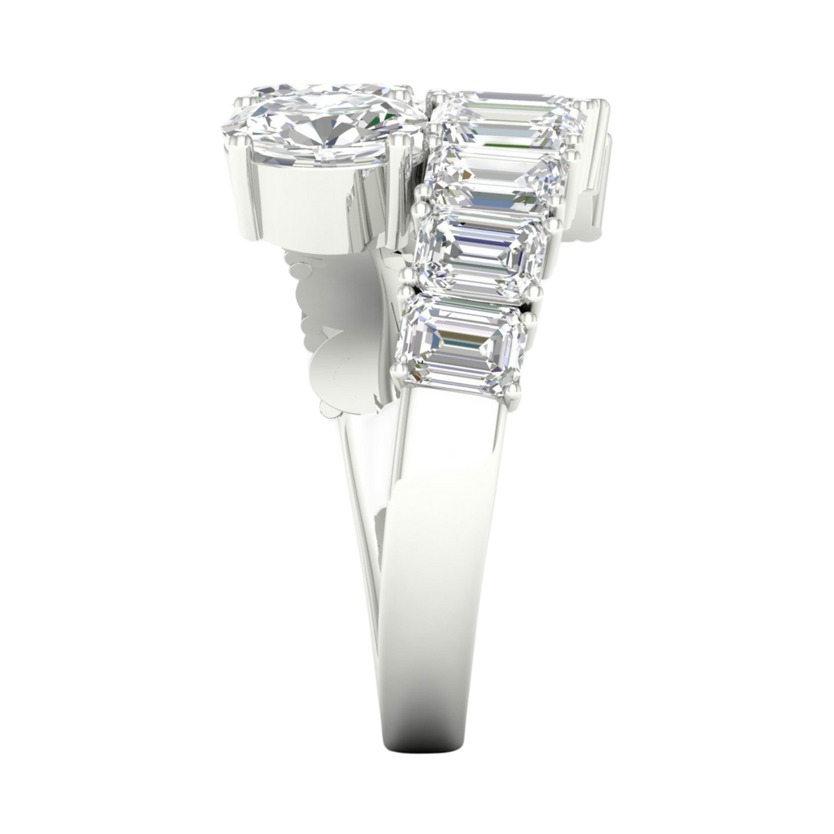 A side-profile view of a 14K white gold ring, showing the flowing pavé band and the elevated diamond cluster.