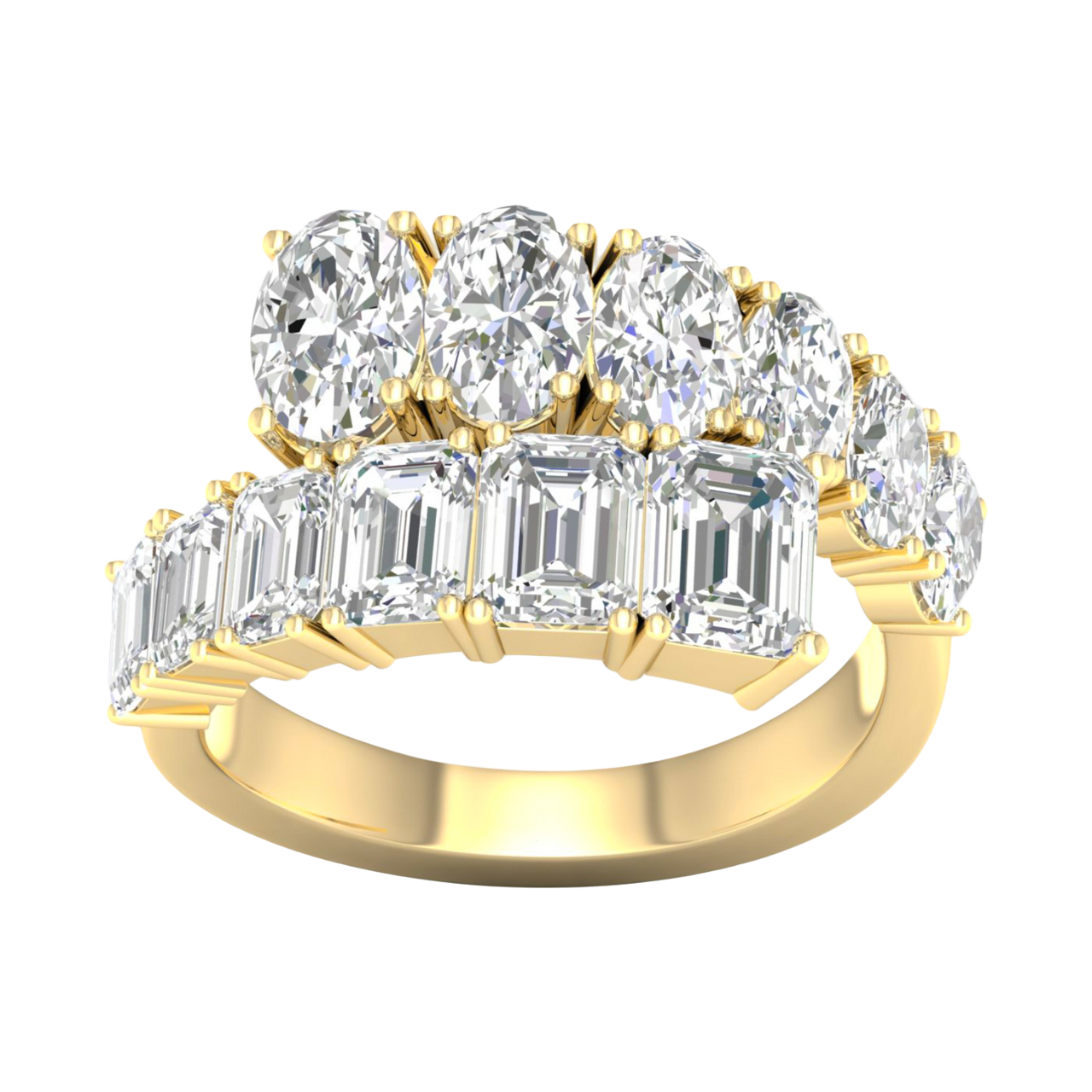 A top-down view of a 14K yellow gold ring with a large, asymmetrical cluster of pear and baguette diamonds.