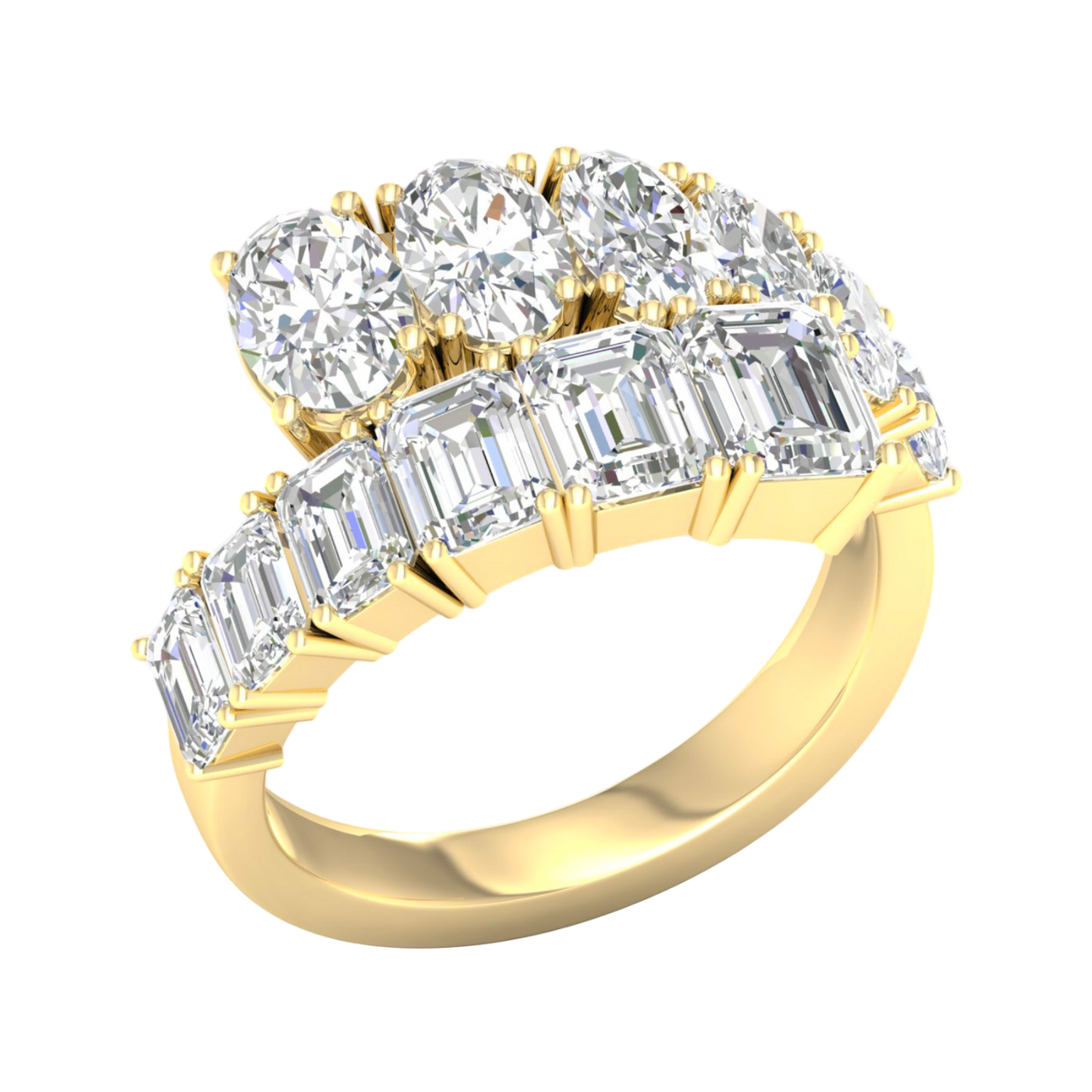 An angled view of a 14K yellow gold ring, showcasing the brilliant, mixed-shape diamond cluster.
