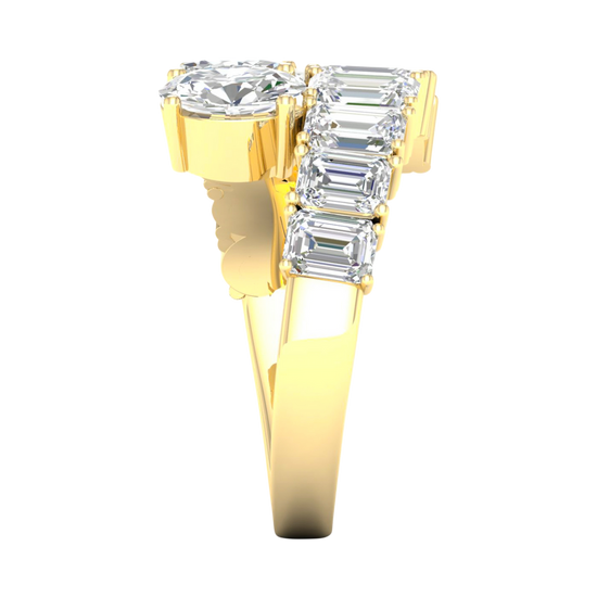 A side-profile view of a 14K yellow gold ring, showing the flowing pavé band and the elevated diamond cluster.