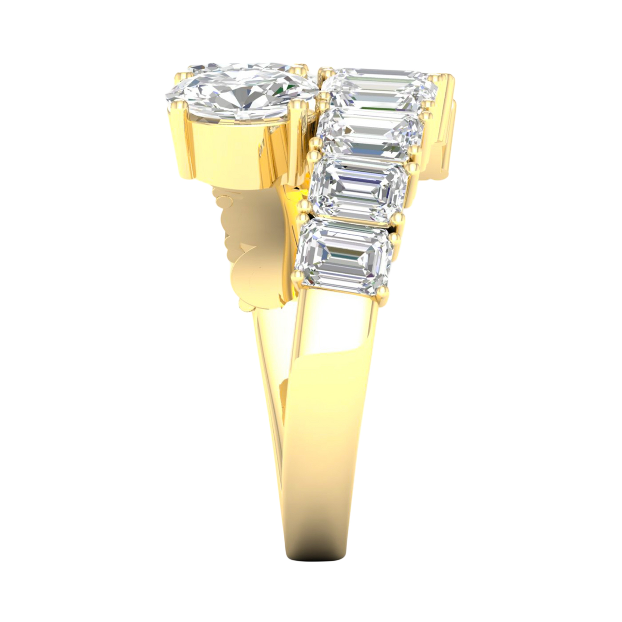 A side-profile view of a 14K yellow gold ring, showing the flowing pavé band and the elevated diamond cluster.