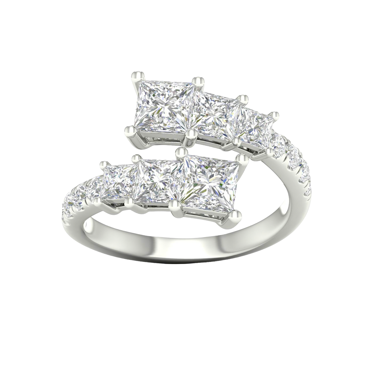 A top-down view of a 14K white gold ring with an asymmetrical cluster of princess-cut and baguette diamonds.