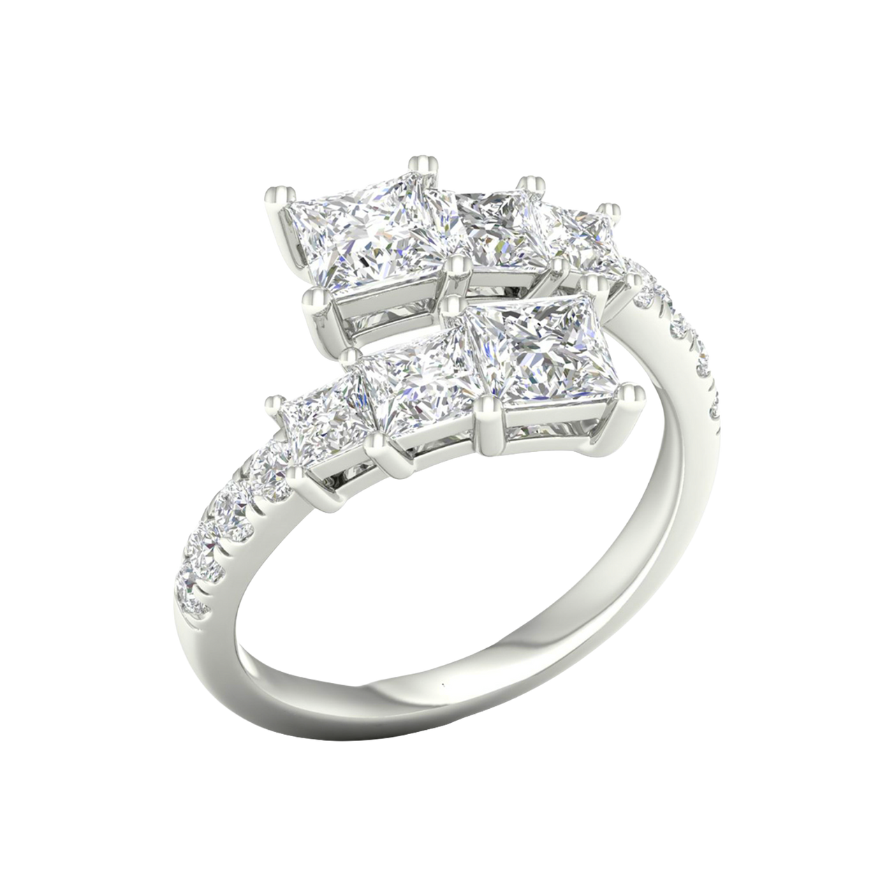 An angled view of a 14K white gold ring, showcasing the brilliant, architectural diamond cluster.