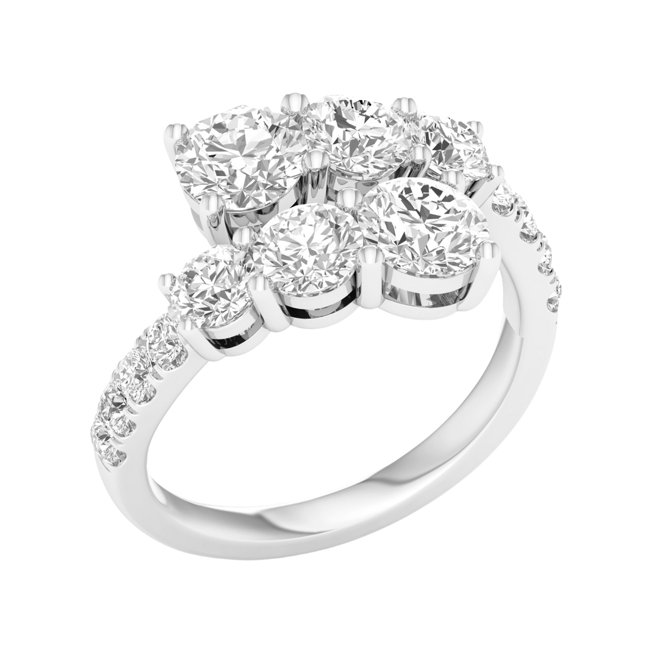 A three-quarter perspective of a 14K white gold bypass ring showcasing a multi-stone cluster of round brilliant diamonds. The staggered diamond rows create a tiered, high-brilliance effect with a pavé-set gold band.