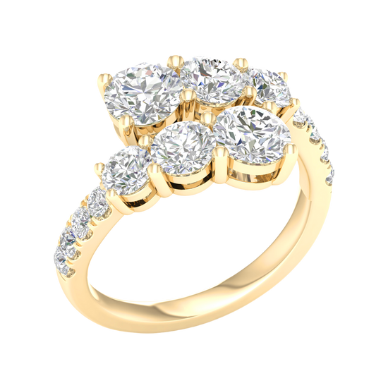 A three-quarter perspective of a 14K yellow gold bypass ring showcasing a multi-stone cluster of round brilliant diamonds. The staggered diamond rows create a tiered, high-brilliance effect with a pavé-set gold band.