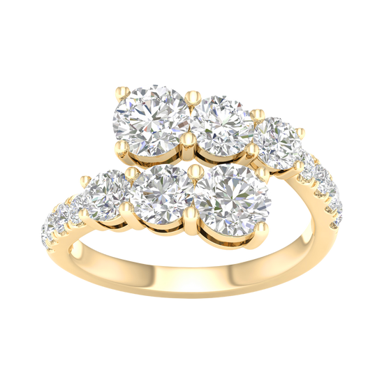 Top-down view of the Amorati bypass diamond ring in 14K yellow gold, featuring two parallel rows of shimmering round-cut lab diamonds that overlap in a modern, asymmetrical open-wrap design.