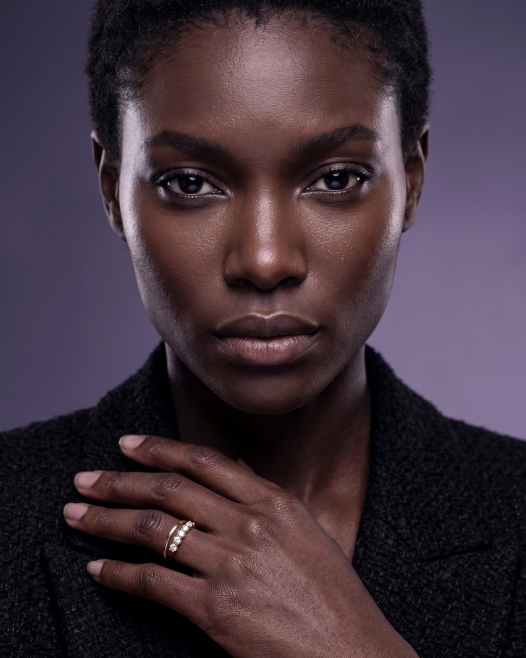 Close-up of a woman in a black tweed blazer modeling a modern gold split-shank ring featuring five diamonds against a deep violet background.
