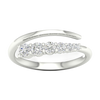 A top-down view of a 14K white gold open-shank ring with a continuous spiral design and a line of bezel-set round diamonds.