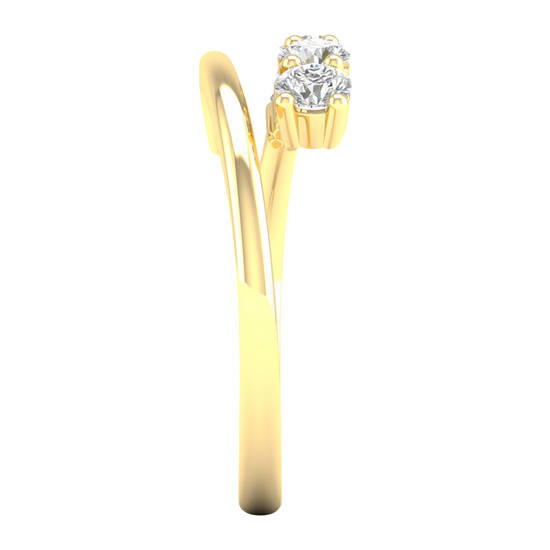 A side-profile view of a 14K yellow gold open-shank ring, showing the fluid spiral and bezel-set diamonds.