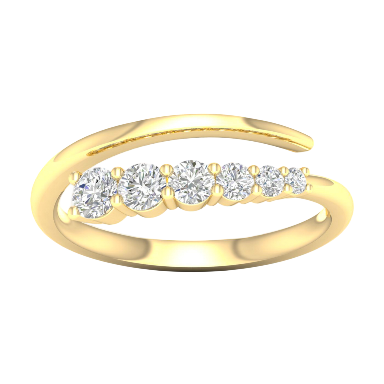 A top-down view of a 14K yellow gold open-shank ring with a continuous spiral design and a line of bezel-set round diamonds.
