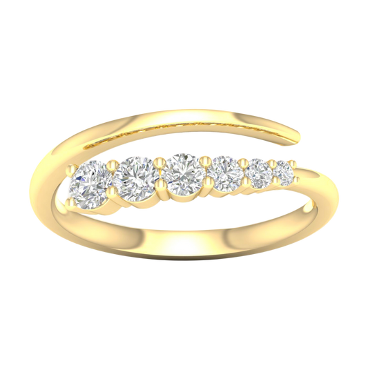A top-down view of a 14K yellow gold open-shank ring with a continuous spiral design and a line of bezel-set round diamonds.