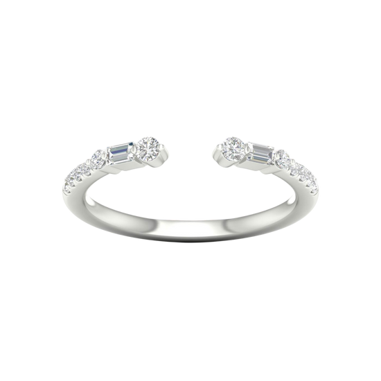 Amorati Diamonds Embrace Cluster Ring, a top-down view of a 10K white gold bypass ring with a three-diamond cluster at each end.