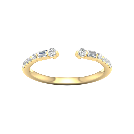 Amorati Diamonds Embrace Cluster Ring, a top-down view of a 10K yellow gold bypass ring with a three-diamond cluster at each end.