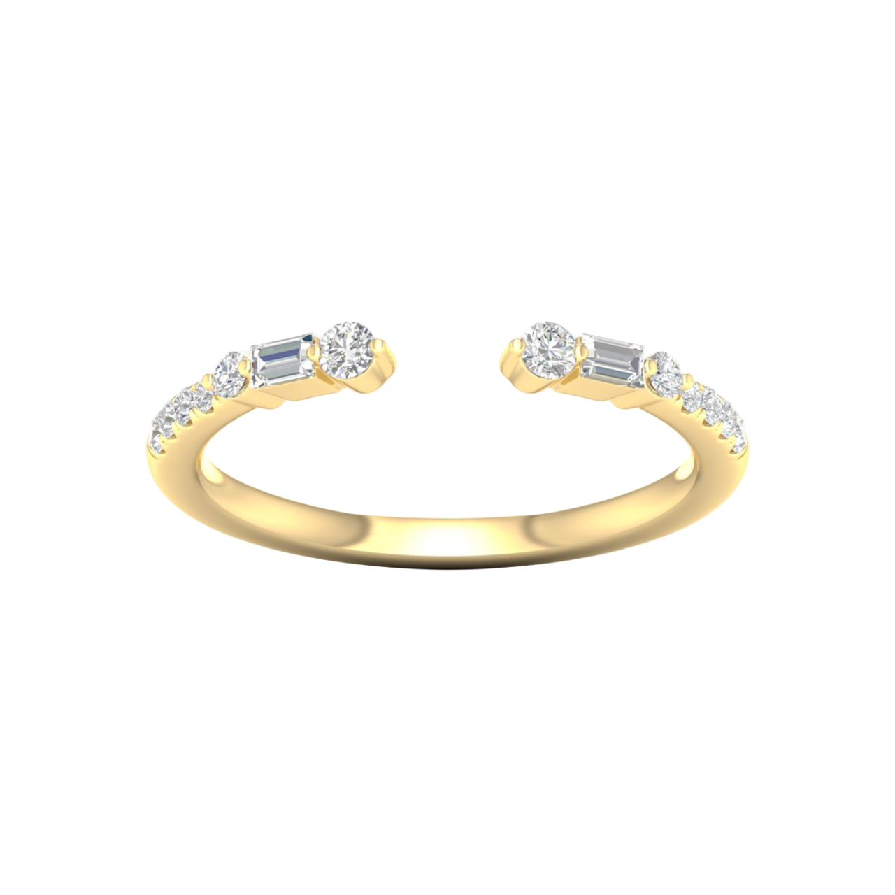 Amorati Diamonds Embrace Cluster Ring, a top-down view of a 10K yellow gold bypass ring with a three-diamond cluster at each end.
