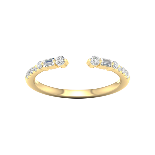 Amorati Diamonds Embrace Cluster Ring, a top-down view of a 10K yellow gold bypass ring with a three-diamond cluster at each end.