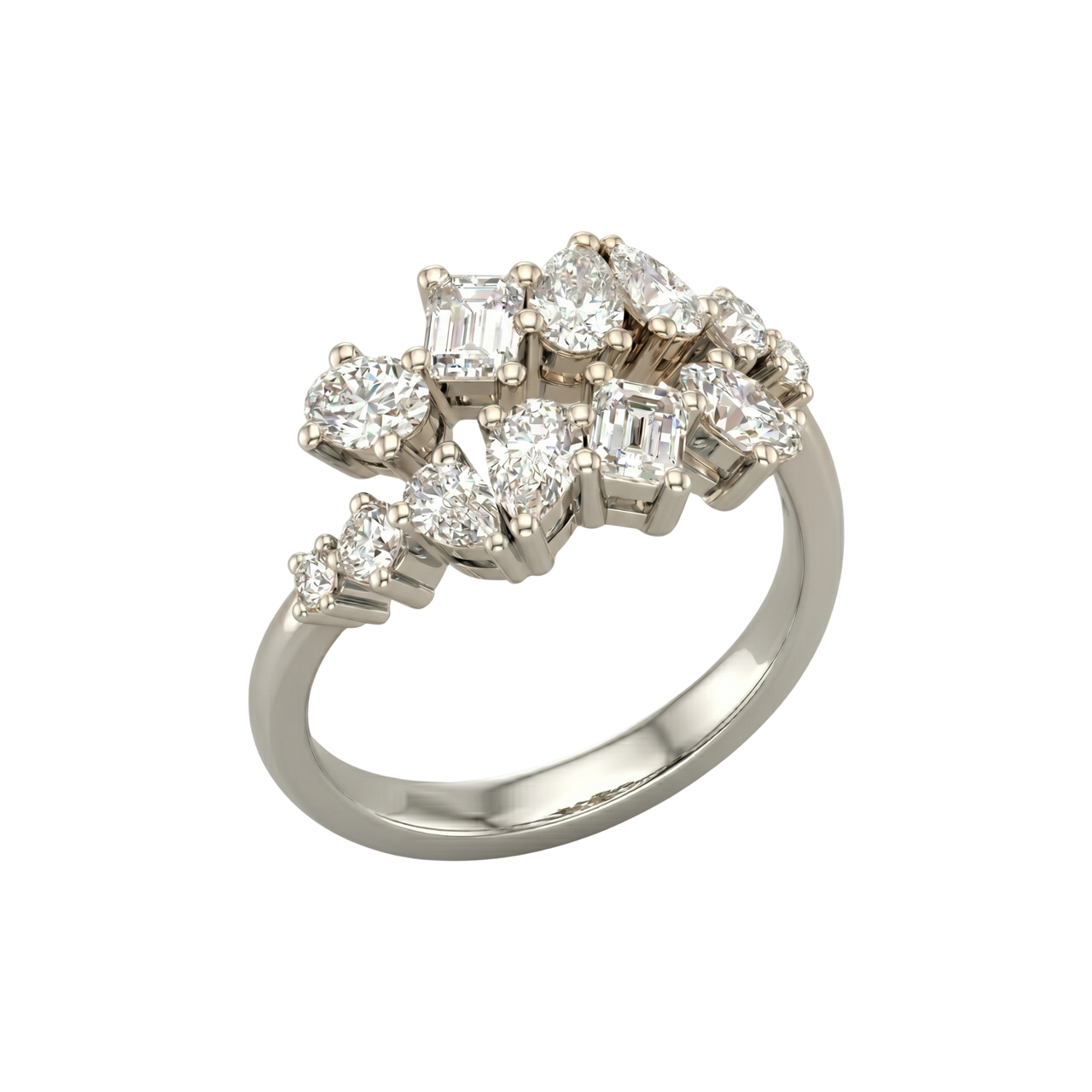 An angled view of a 14K white gold ring, showcasing the brilliant, mixed-shape diamond cluster.