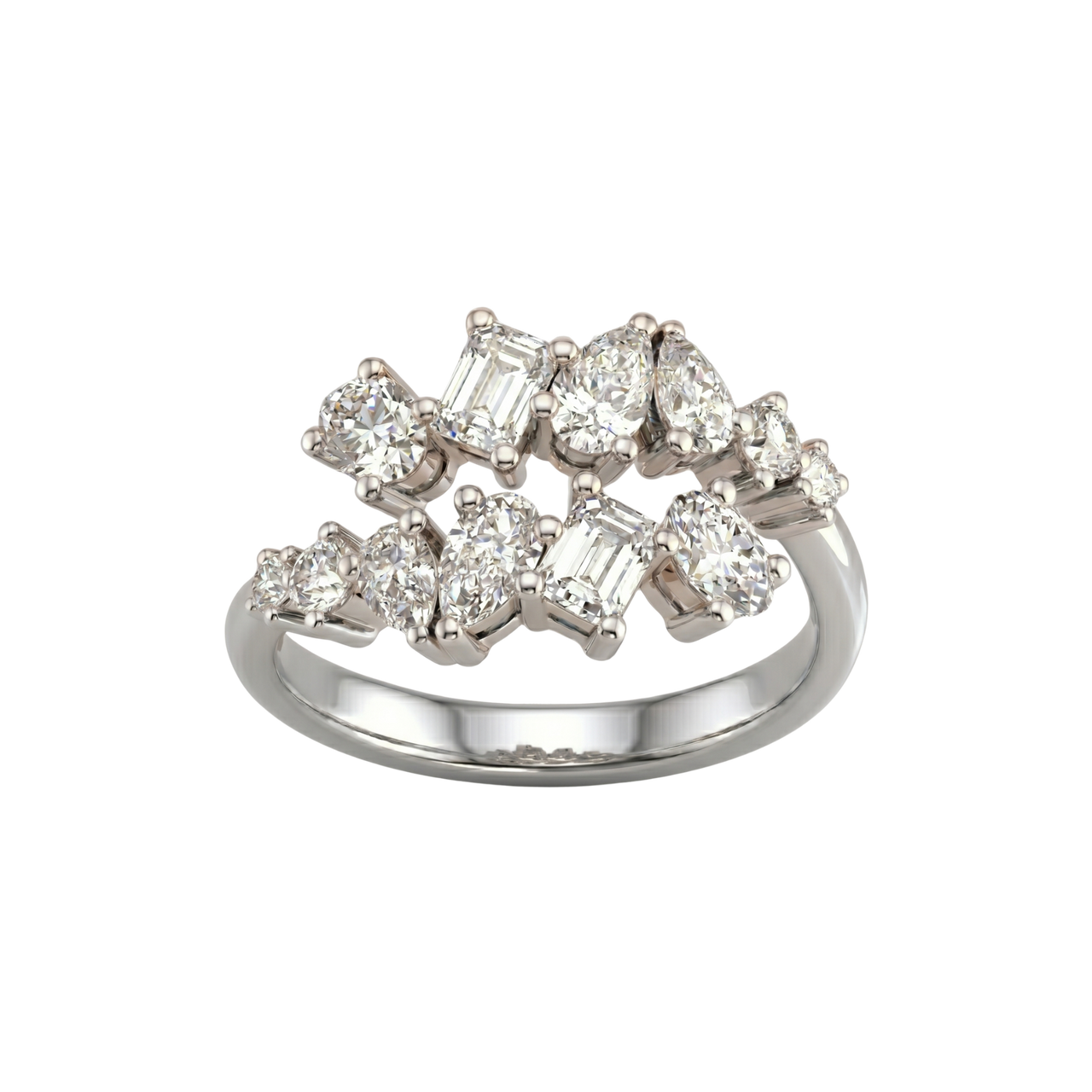 A top-down view of a 14K white gold ring with a large, asymmetrical cluster of various diamond shapes.