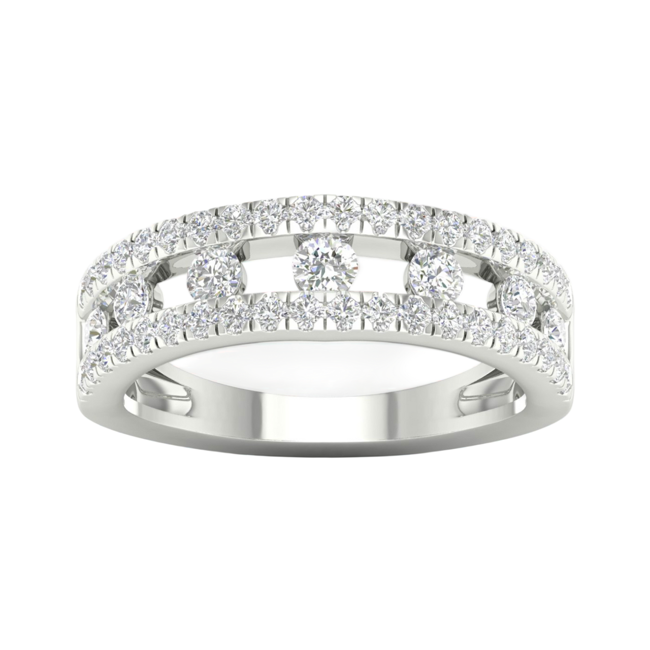 A top-down view of a 14K white gold wide band ring with three rows of pavé diamonds.