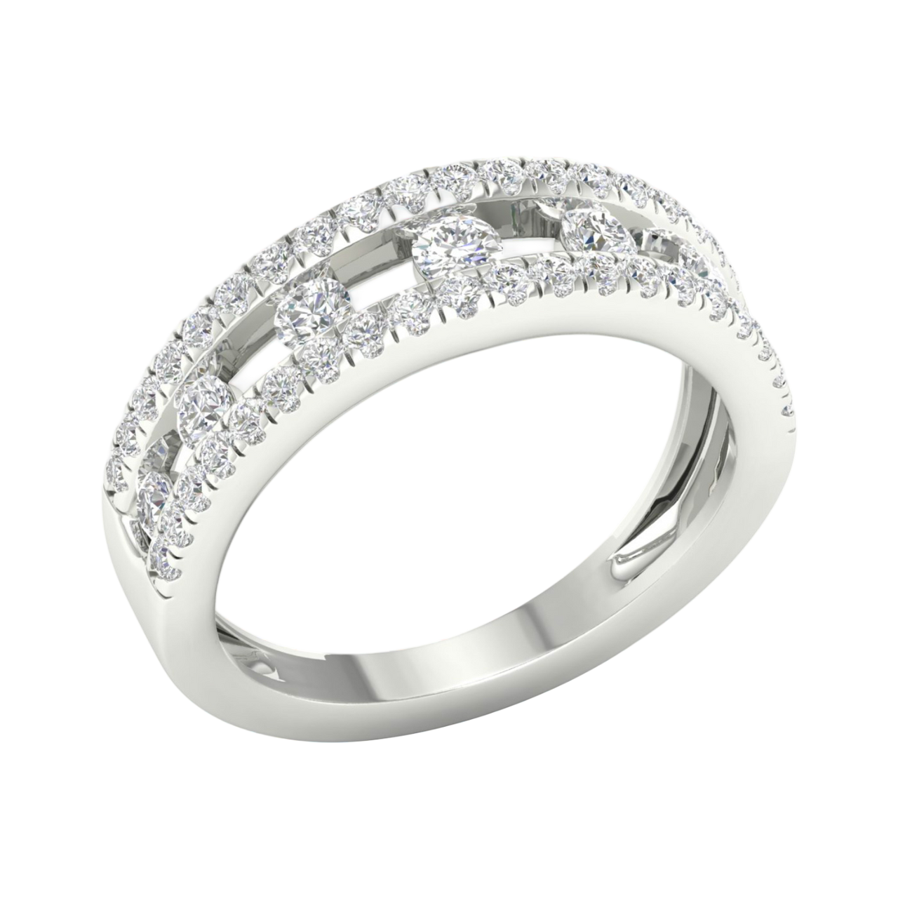 An angled view of a 14K white gold wide band ring, showcasing the brilliant pavé diamonds in three parallel rows.