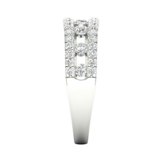 A side-profile view of a 14K white gold wide band ring, showing the three rows of pavé and the height of the band.